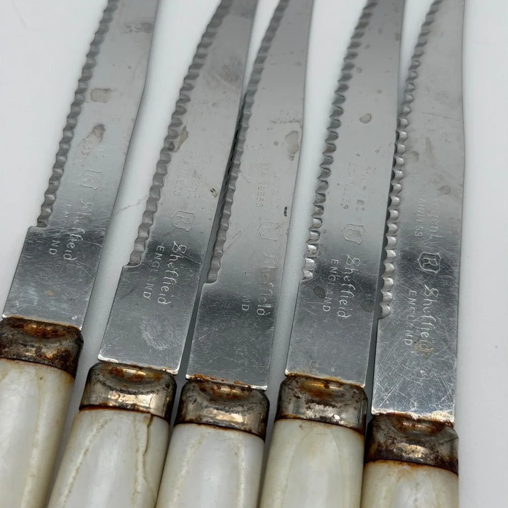 Vintage Regent Sheffield Steak Knives Set of 5 Faux Mother of Pearl England MCM